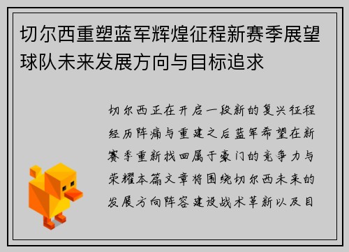 切尔西重塑蓝军辉煌征程新赛季展望球队未来发展方向与目标追求